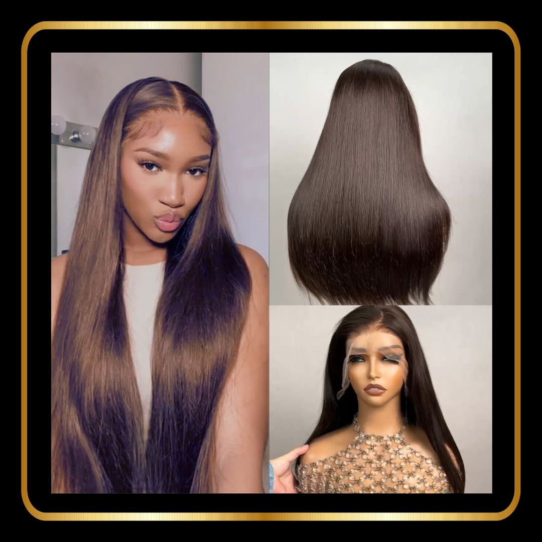 24" Straight Lace Front Wig, Double Drawn Human Hair, Pre-Plucked Transparent 13x4 Lace, 200% Density , Dark Brown #2