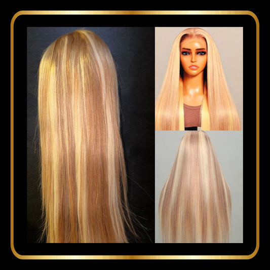 24" Straight Lace Front Wig, Double Drawn Human Hair, Pre-Plucked Transparent 13x4 Lace, 200% Density, Brown With Blonde Highlights P10/613 - novadonna.ae