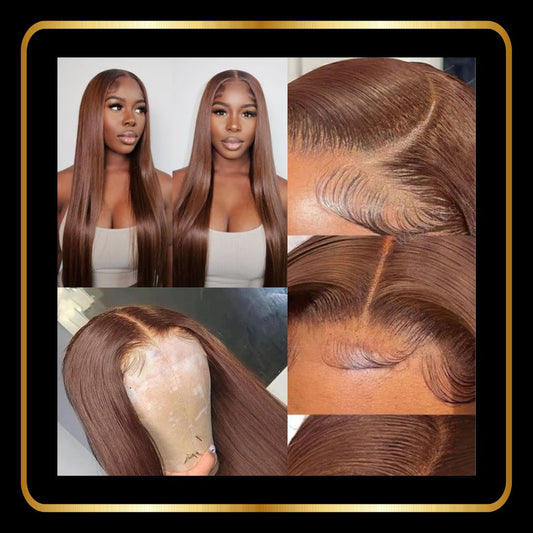 24" Straight Lace Front Wig, Double Drawn Human Hair, Pre-Plucked Transparent 13x4 Lace, 200% Density, Chocolate Brown #4 - novadonna.ae