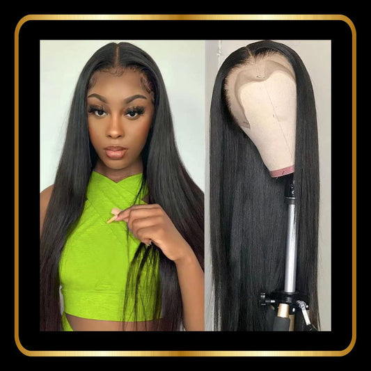 Straight 13x4 Lace Frontal Human Hair Wig with Baby Hair 180% Density Pre Plucked Hairline with Baby Hair(28 Inches, Color Natural Black #1B)