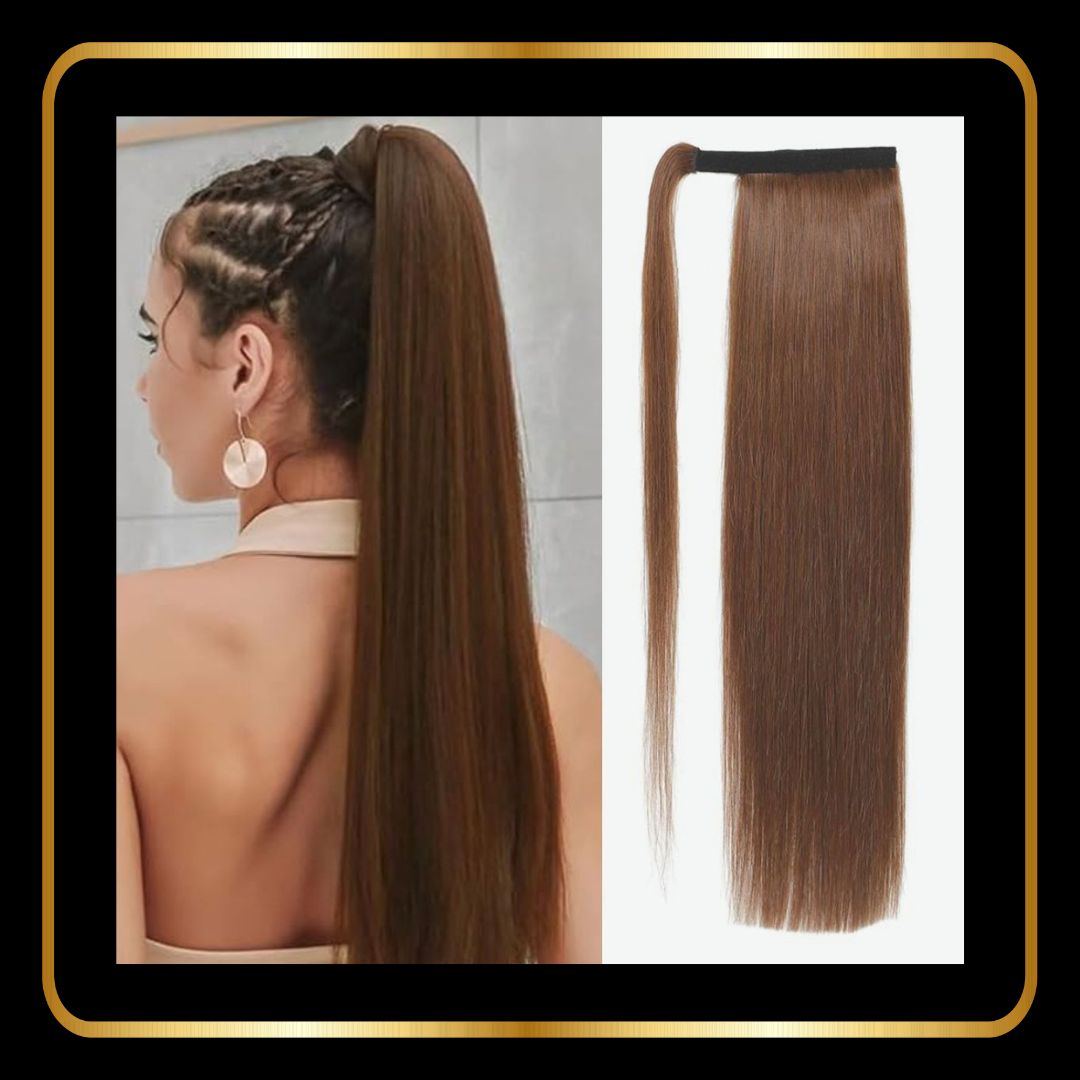 Ponytail Extension Human Hair (100g) Straight Remy Human Hair Wrap Around  (26 Inch, Color Medium Brown #6)