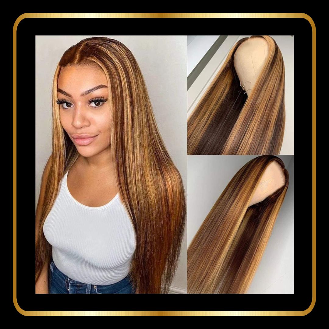 Straight 13x4 Lace Frontal Human Hair Wig with Baby Hair 180% Density Pre Plucked Hairline with Baby Hair(28 Inches, Color P4/27)