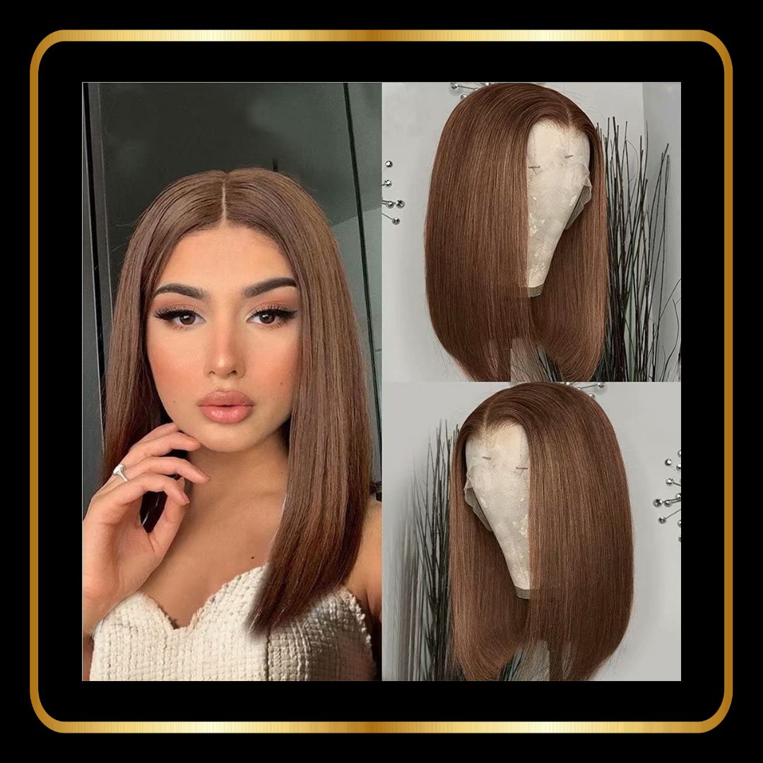 13x4 Straight Lace Front Bob Human Hair Wig Pre Plucked Hairline 180% Density(Chocolate Brown #4, 14 Inch)